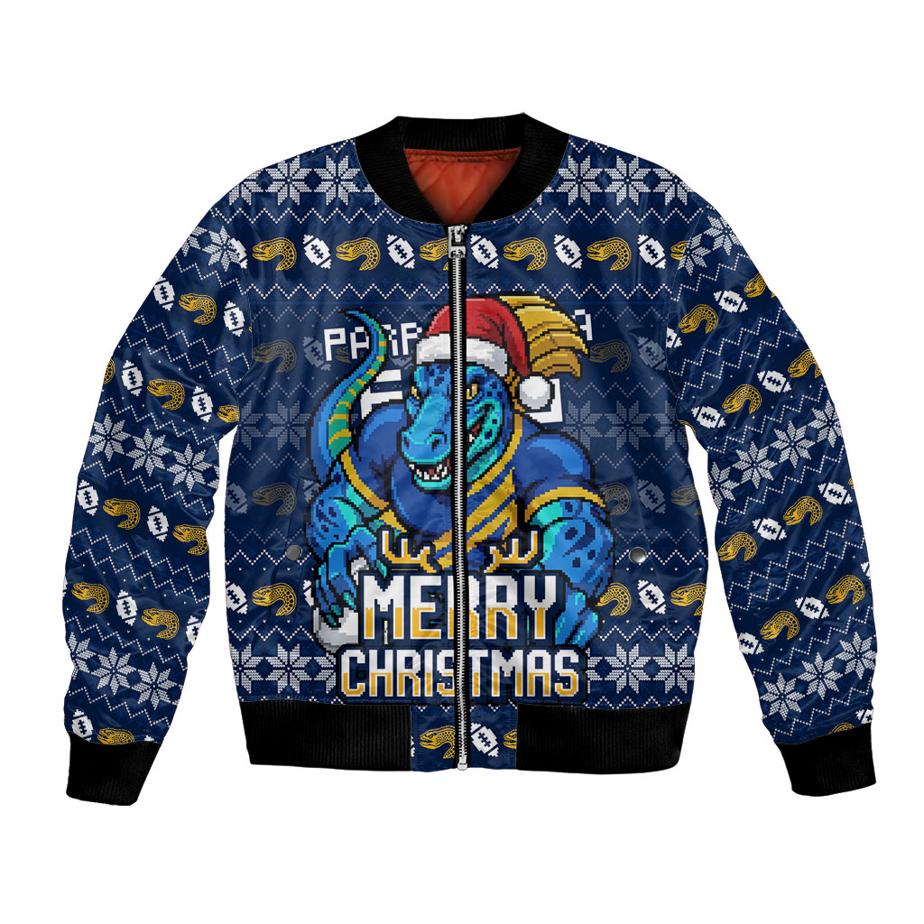 Personalized Parramatta Eels Christmas Bomber Jacket Australian Rugby Fans - Pixelated Ugly Xmas Pattern Mascot Santa