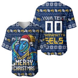 Personalized Parramatta Eels Christmas Baseball Jersey Australian Rugby Fans - Pixelated Ugly Xmas Pattern Mascot Santa