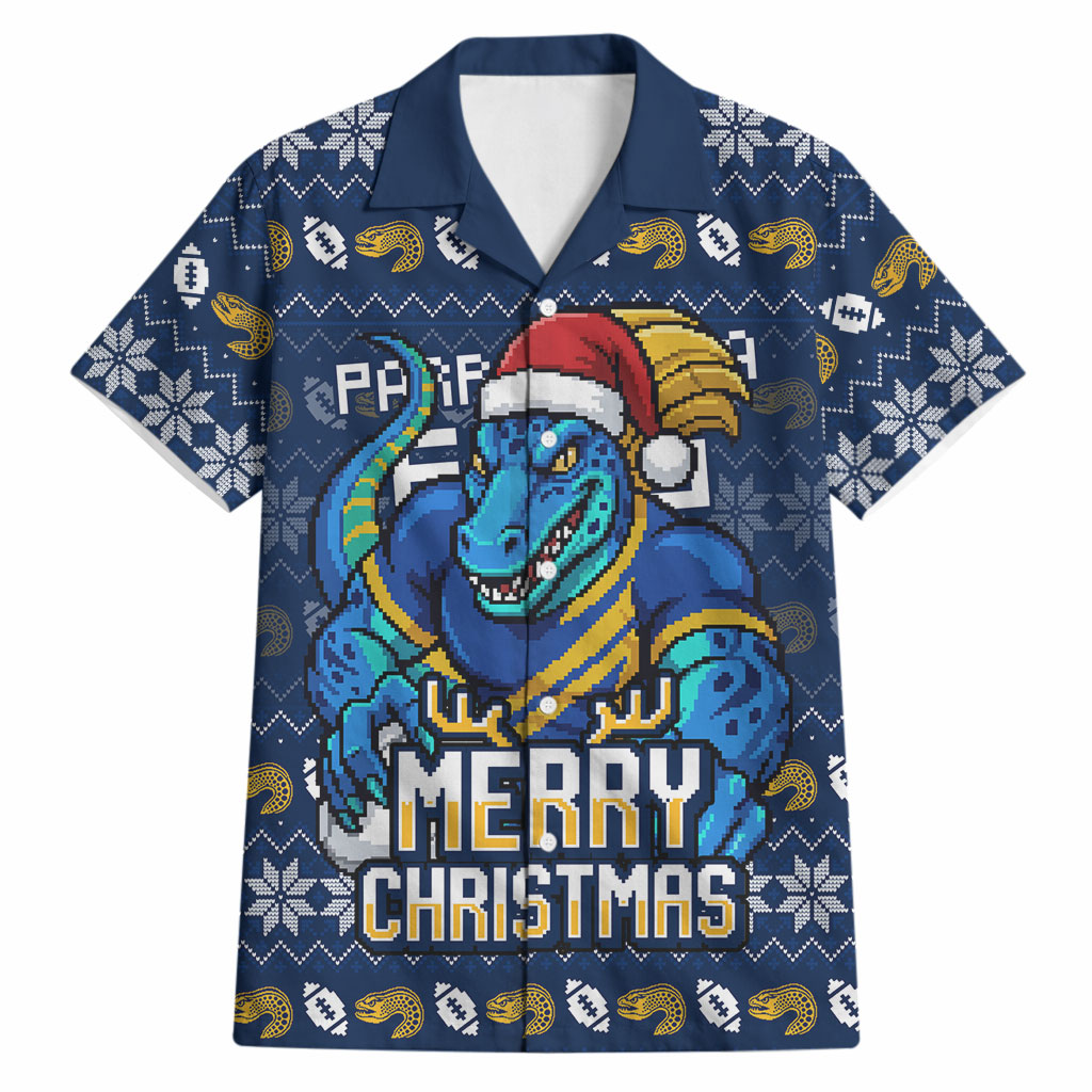 Personalized Parramatta Eels Christmas Hawaiian Shirt Australian Rugby Fans - Pixelated Ugly Xmas Pattern Mascot Santa