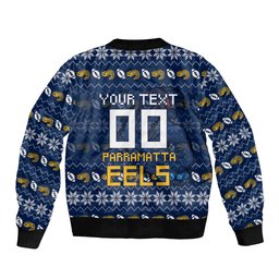 Personalized Parramatta Eels Christmas Bomber Jacket Australian Rugby Fans - Pixelated Ugly Xmas Pattern Mascot Santa