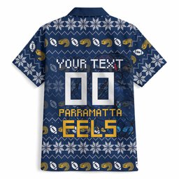 Personalized Parramatta Eels Christmas Hawaiian Shirt Australian Rugby Fans - Pixelated Ugly Xmas Pattern Mascot Santa