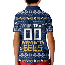 Personalized Parramatta Eels Christmas Kid Polo Shirt Australian Rugby Fans - Pixelated Ugly Xmas Pattern Mascot Santa