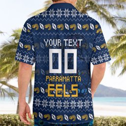 Personalized Parramatta Eels Christmas Hawaiian Shirt Australian Rugby Fans - Pixelated Ugly Xmas Pattern Mascot Santa