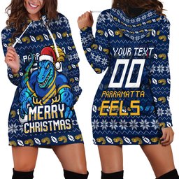 Personalized Parramatta Eels Christmas Hoodie Dress Australian Rugby Fans - Pixelated Ugly Xmas Pattern Mascot Santa