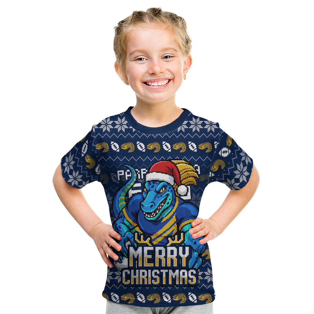 Personalized Parramatta Eels Christmas Kid T Shirt Australian Rugby Fans - Pixelated Ugly Xmas Pattern Mascot Santa
