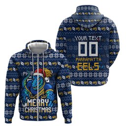 Personalized Parramatta Eels Christmas Zip Hoodie Australian Rugby Fans - Pixelated Ugly Xmas Pattern Mascot Santa