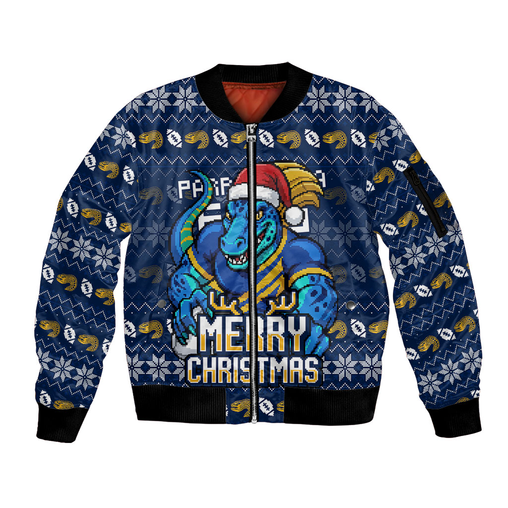 Personalized Parramatta Eels Christmas Sleeve Zip Bomber Jacket Australian Rugby Fans - Pixelated Ugly Xmas Pattern Mascot Santa