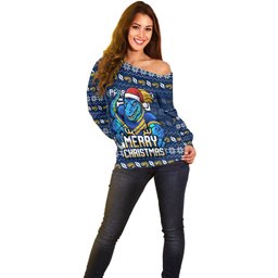 Personalized Parramatta Eels Christmas Off Shoulder Sweater Australian Rugby Fans - Pixelated Ugly Xmas Pattern Mascot Santa
