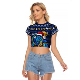 Personalized Parramatta Eels Christmas Raglan Cropped T Shirt Australian Rugby Fans - Pixelated Ugly Xmas Pattern Mascot Santa