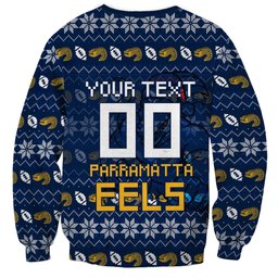 Personalized Parramatta Eels Christmas Sweatshirt Australian Rugby Fans - Pixelated Ugly Xmas Pattern Mascot Santa