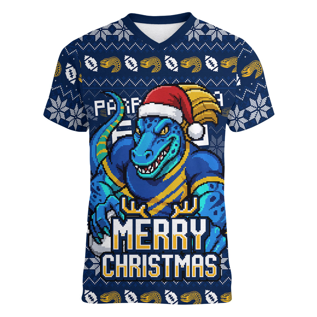 Personalized Parramatta Eels Christmas Women V-Neck T-Shirt Australian Rugby Fans - Pixelated Ugly Xmas Pattern Mascot Santa