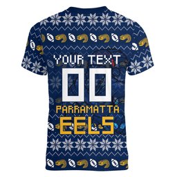 Personalized Parramatta Eels Christmas Women V-Neck T-Shirt Australian Rugby Fans - Pixelated Ugly Xmas Pattern Mascot Santa
