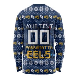 Personalized Parramatta Eels Christmas Long Sleeve Shirt Australian Rugby Fans - Pixelated Ugly Xmas Pattern Mascot Santa