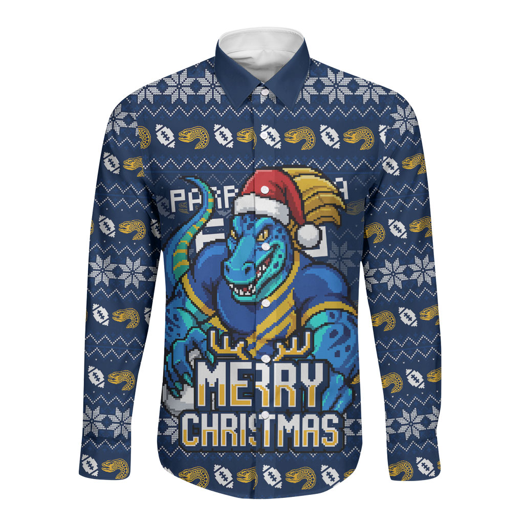 Personalized Parramatta Eels Christmas Long Sleeve Button Shirt Australian Rugby Fans - Pixelated Ugly Xmas Pattern Mascot Santa