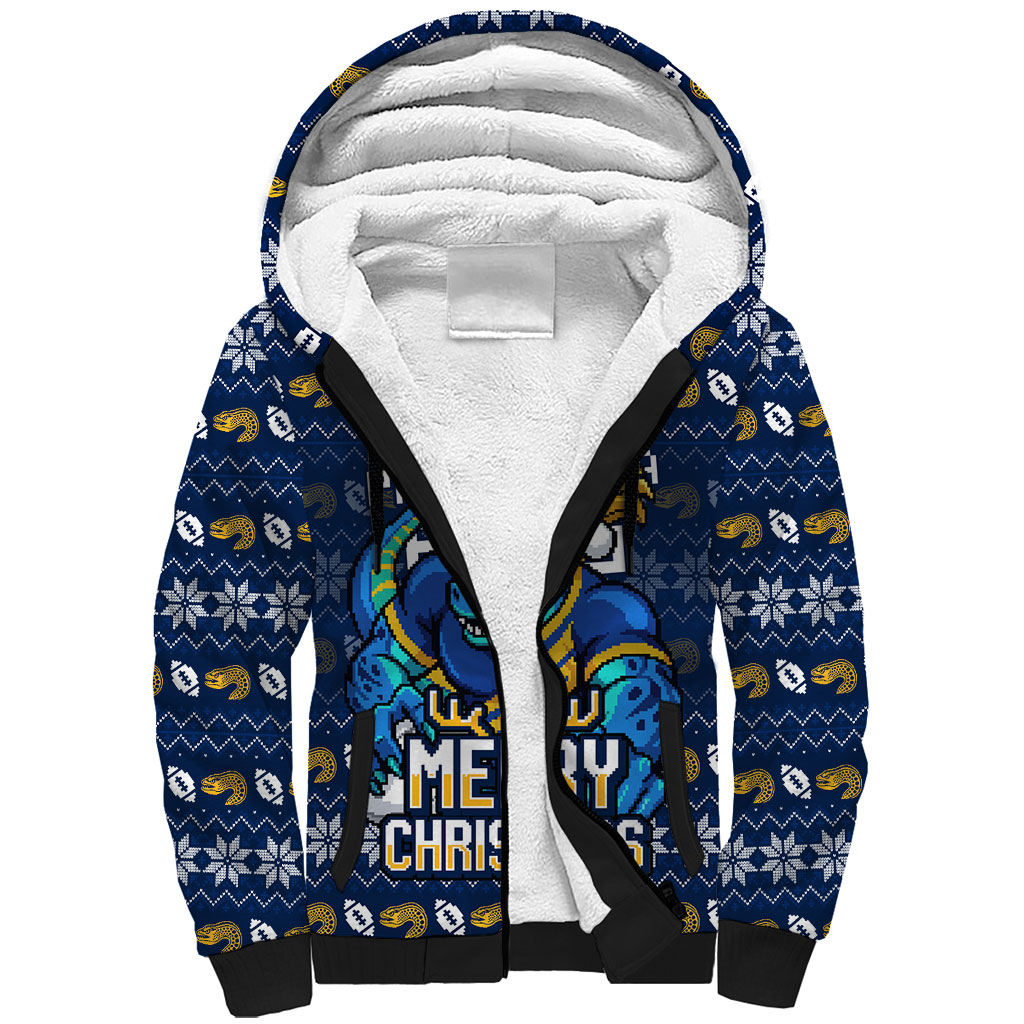 Personalized Parramatta Eels Christmas Sherpa Hoodie Australian Rugby Fans - Pixelated Ugly Xmas Pattern Mascot Santa