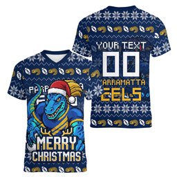 Personalized Parramatta Eels Christmas Women V-Neck T-Shirt Australian Rugby Fans - Pixelated Ugly Xmas Pattern Mascot Santa
