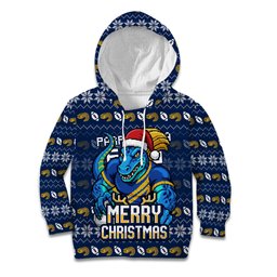 Personalized Parramatta Eels Christmas Kid Hoodie Australian Rugby Fans - Pixelated Ugly Xmas Pattern Mascot Santa