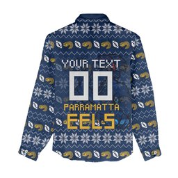 Personalized Parramatta Eels Christmas Women Casual Shirt Australian Rugby Fans - Pixelated Ugly Xmas Pattern Mascot Santa