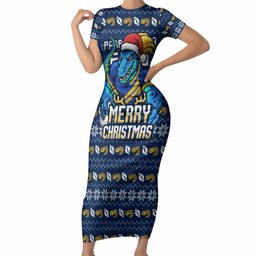 Personalized Parramatta Eels Christmas Short Sleeve Bodycon Dress Australian Rugby Fans - Pixelated Ugly Xmas Pattern Mascot Santa