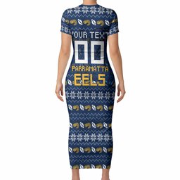 Personalized Parramatta Eels Christmas Short Sleeve Bodycon Dress Australian Rugby Fans - Pixelated Ugly Xmas Pattern Mascot Santa