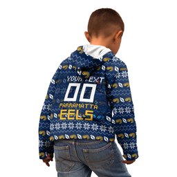 Personalized Parramatta Eels Christmas Kid Hoodie Australian Rugby Fans - Pixelated Ugly Xmas Pattern Mascot Santa