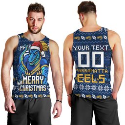 Personalized Parramatta Eels Christmas Men Tank Top Australian Rugby Fans - Pixelated Ugly Xmas Pattern Mascot Santa