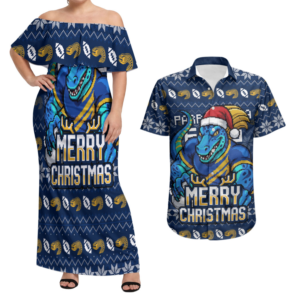 Personalized Parramatta Eels Christmas Couples Matching Off Shoulder Maxi Dress and Hawaiian Shirt Australian Rugby Fans - Pixelated Ugly Xmas Pattern Mascot Santa