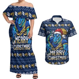 Personalized Parramatta Eels Christmas Couples Matching Off Shoulder Maxi Dress and Hawaiian Shirt Australian Rugby Fans - Pixelated Ugly Xmas Pattern Mascot Santa