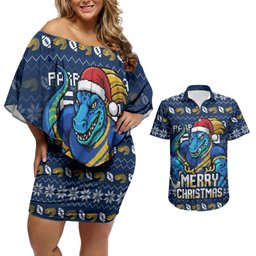 Personalized Parramatta Eels Christmas Couples Matching Off Shoulder Short Dress and Hawaiian Shirt Australian Rugby Fans - Pixelated Ugly Xmas Pattern Mascot Santa