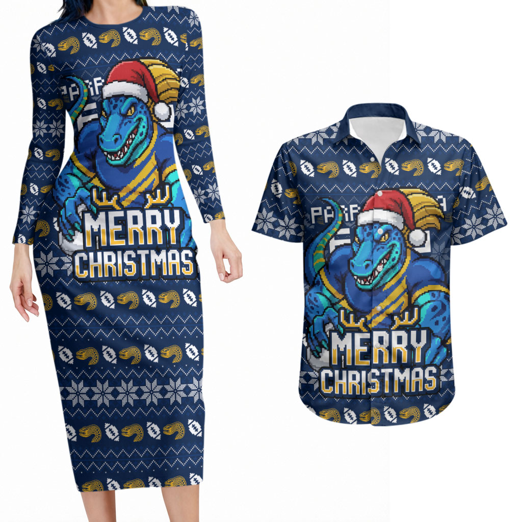 Personalized Parramatta Eels Christmas Couples Matching Long Sleeve Bodycon Dress and Hawaiian Shirt Australian Rugby Fans - Pixelated Ugly Xmas Pattern Mascot Santa