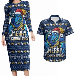 Personalized Parramatta Eels Christmas Couples Matching Long Sleeve Bodycon Dress and Hawaiian Shirt Australian Rugby Fans - Pixelated Ugly Xmas Pattern Mascot Santa