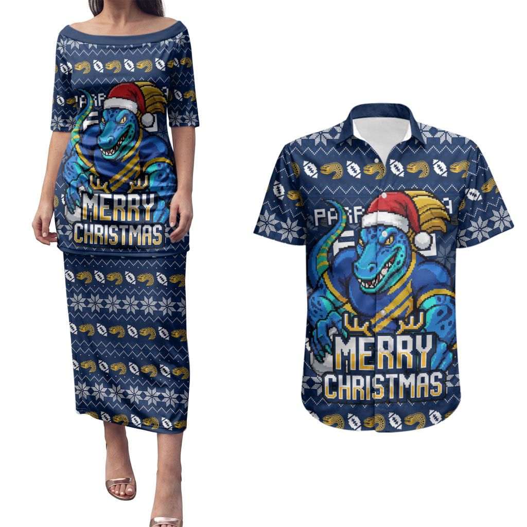 Personalized Parramatta Eels Christmas Couples Matching Puletasi and Hawaiian Shirt Australian Rugby Fans - Pixelated Ugly Xmas Pattern Mascot Santa