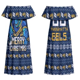 Personalized Parramatta Eels Christmas Couples Matching Off Shoulder Maxi Dress and Hawaiian Shirt Australian Rugby Fans - Pixelated Ugly Xmas Pattern Mascot Santa