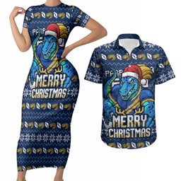 Personalized Parramatta Eels Christmas Couples Matching Short Sleeve Bodycon Dress and Hawaiian Shirt Australian Rugby Fans - Pixelated Ugly Xmas Pattern Mascot Santa