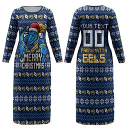 Personalized Parramatta Eels Christmas Couples Matching Long Sleeve Bodycon Dress and Hawaiian Shirt Australian Rugby Fans - Pixelated Ugly Xmas Pattern Mascot Santa