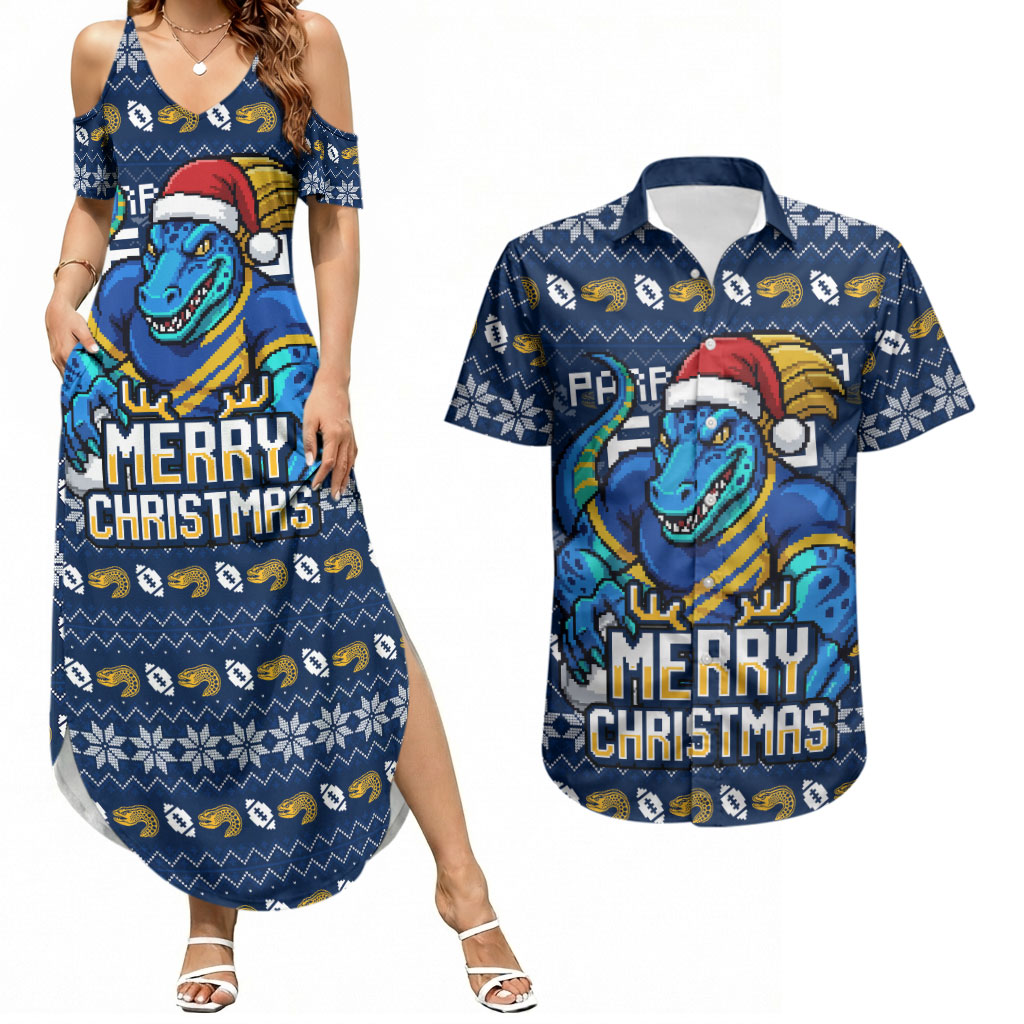Personalized Parramatta Eels Christmas Couples Matching Summer Maxi Dress and Hawaiian Shirt Australian Rugby Fans - Pixelated Ugly Xmas Pattern Mascot Santa
