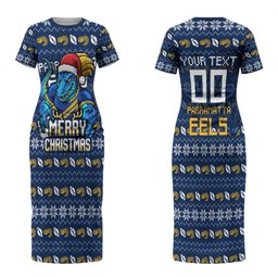 Personalized Parramatta Eels Christmas Couples Matching Short Sleeve Bodycon Dress and Hawaiian Shirt Australian Rugby Fans - Pixelated Ugly Xmas Pattern Mascot Santa