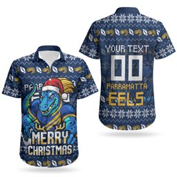 Personalized Parramatta Eels Christmas Couples Matching Summer Maxi Dress and Hawaiian Shirt Australian Rugby Fans - Pixelated Ugly Xmas Pattern Mascot Santa