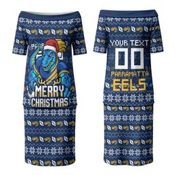 Personalized Parramatta Eels Christmas Couples Matching Puletasi and Hawaiian Shirt Australian Rugby Fans - Pixelated Ugly Xmas Pattern Mascot Santa