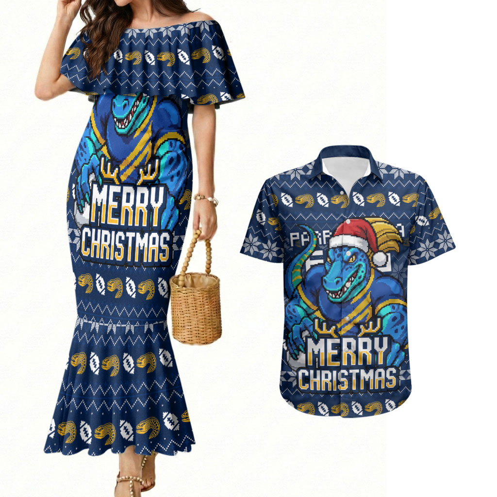 Personalized Parramatta Eels Christmas Couples Matching Mermaid Dress and Hawaiian Shirt Australian Rugby Fans - Pixelated Ugly Xmas Pattern Mascot Santa
