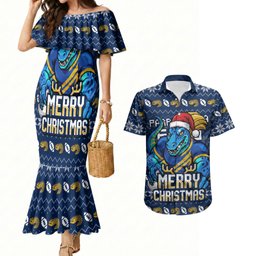 Personalized Parramatta Eels Christmas Couples Matching Mermaid Dress and Hawaiian Shirt Australian Rugby Fans - Pixelated Ugly Xmas Pattern Mascot Santa