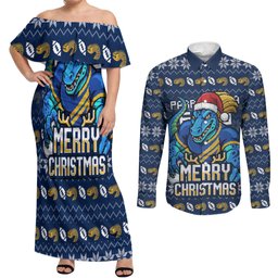 Personalized Parramatta Eels Christmas Couples Matching Off Shoulder Maxi Dress and Long Sleeve Button Shirt Australian Rugby Fans - Pixelated Ugly Xmas Pattern Mascot Santa