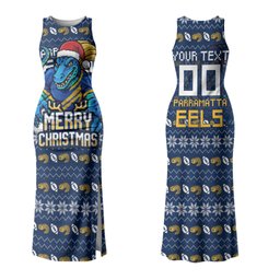Personalized Parramatta Eels Christmas Couples Matching Tank Maxi Dress and Hawaiian Shirt Australian Rugby Fans - Pixelated Ugly Xmas Pattern Mascot Santa