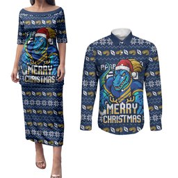 Personalized Parramatta Eels Christmas Couples Matching Puletasi and Long Sleeve Button Shirt Australian Rugby Fans - Pixelated Ugly Xmas Pattern Mascot Santa