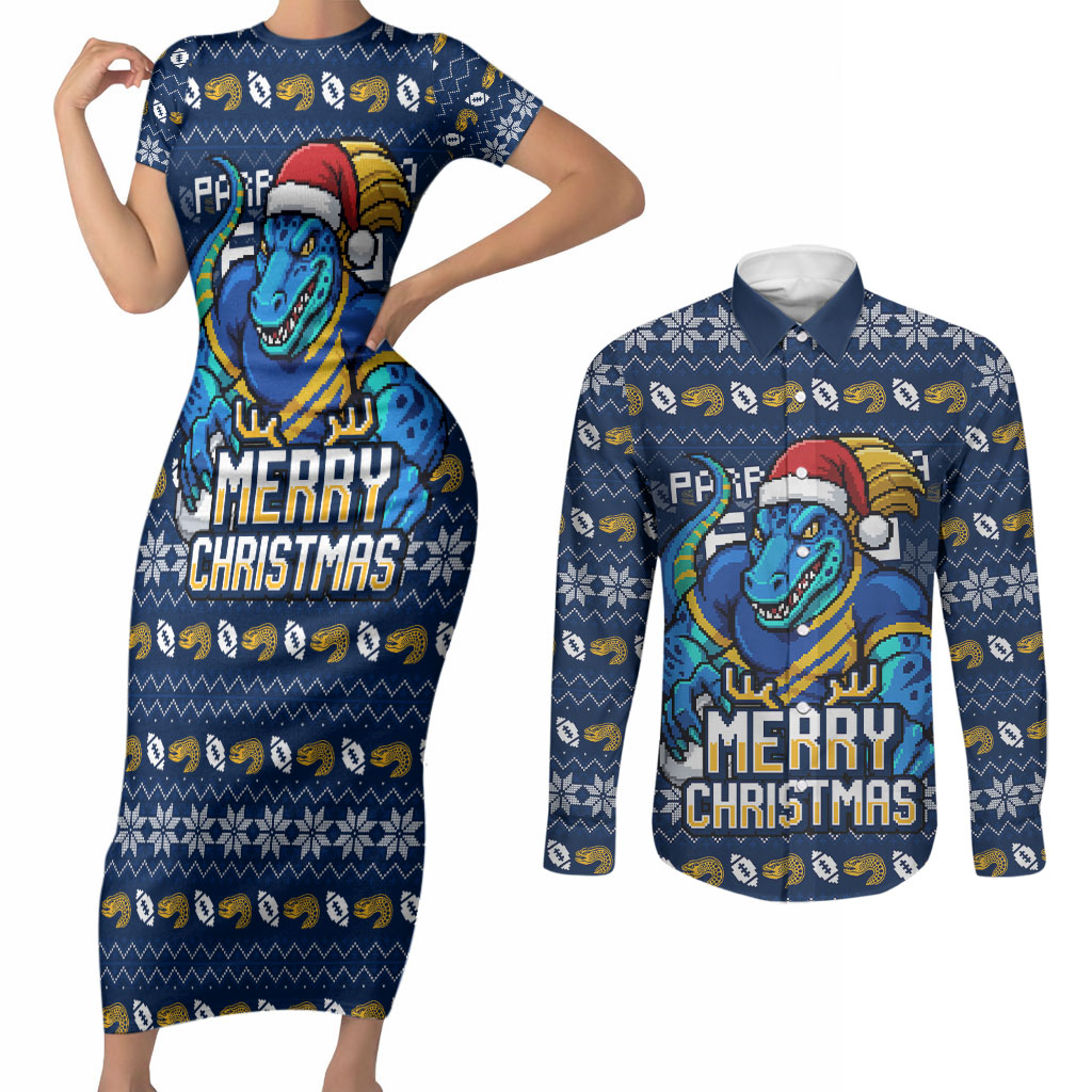 Personalized Parramatta Eels Christmas Couples Matching Short Sleeve Bodycon Dress and Long Sleeve Button Shirt Australian Rugby Fans - Pixelated Ugly Xmas Pattern Mascot Santa