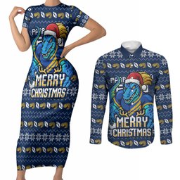 Personalized Parramatta Eels Christmas Couples Matching Short Sleeve Bodycon Dress and Long Sleeve Button Shirt Australian Rugby Fans - Pixelated Ugly Xmas Pattern Mascot Santa