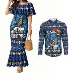 Personalized Parramatta Eels Christmas Couples Matching Mermaid Dress and Long Sleeve Button Shirt Australian Rugby Fans - Pixelated Ugly Xmas Pattern Mascot Santa