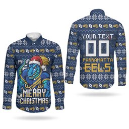 Personalized Parramatta Eels Christmas Couples Matching Puletasi and Long Sleeve Button Shirt Australian Rugby Fans - Pixelated Ugly Xmas Pattern Mascot Santa