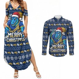 Personalized Parramatta Eels Christmas Couples Matching Summer Maxi Dress and Long Sleeve Button Shirt Australian Rugby Fans - Pixelated Ugly Xmas Pattern Mascot Santa