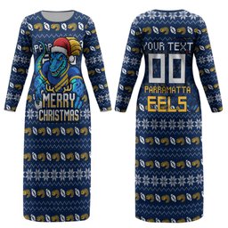 Personalized Parramatta Eels Christmas Couples Matching Long Sleeve Bodycon Dress and Long Sleeve Button Shirt Australian Rugby Fans - Pixelated Ugly Xmas Pattern Mascot Santa